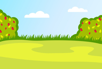 Summer meadow or field with green grass and rose bushes from sides. Blue sky with clouds at the background. Vector illustration with no people. Nature in cartoon style. Beautiful summer landscape