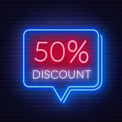 50 percent discount neon sign on brick wall background. Vector illustration