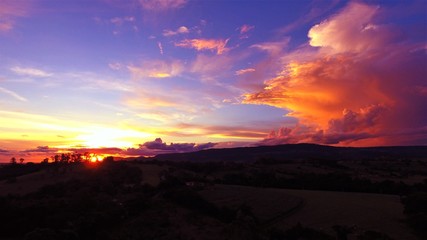 Panoramic view of colorful sunset aerial view. Great landscape.