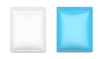 Blank and colored sachet packaging for food, cosmetic and hygiene. Vector illustration isolated on white background. Ready for your design. EPS10.	
