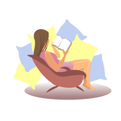 the girl is sitting at home on the sofa. WOMAN READS A BOOK. mocap. empty space. lots of pillows. VECTOR ILLUSTRATION ISOLATED ON A WHITE BACKGROUND.