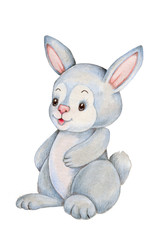 Fototapeta na wymiar Watercolor illustration of cute cartoon bunny the rabbit, gray, sitting. Isolated on white.