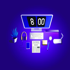 top view of desktop. Organization of a workplace at the office or at home. Computer and office equipment on the table. digital clock on screen. stock vector illustration