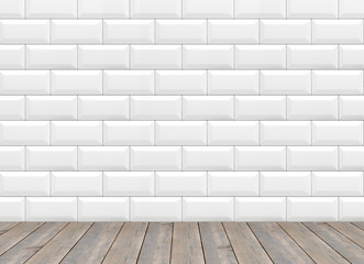 Background for photo studio with wooden table and backdrop.