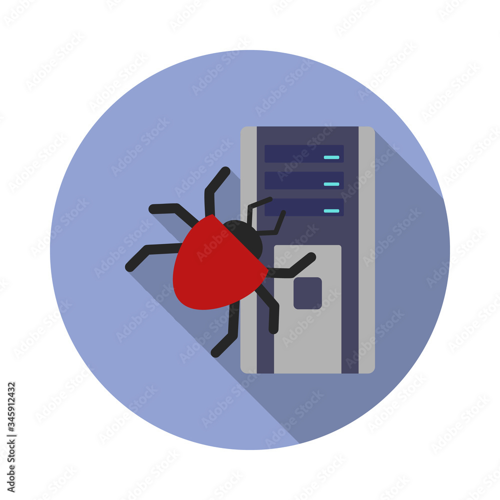 Poster beetle and computer long shadow icon. simple color vector of virus and antivirus icons for ui and ux
