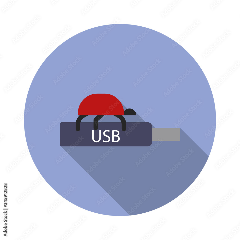Aufkleber bug in flash card long shadow icon. simple color vector of virus and antivirus icons for ui and ux, 