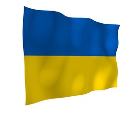 The flag of Ukraine on a white background. National flag and state ensign. Blue and yellow bicolour. 3D illustration waving flag