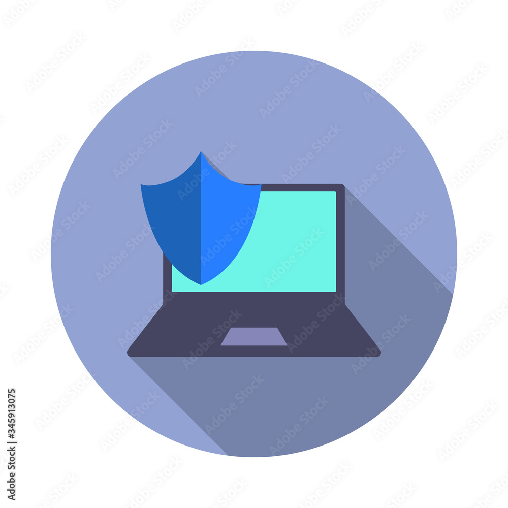 Poster laptop under protection long shadow icon. simple color vector of virus and antivirus icons for ui an