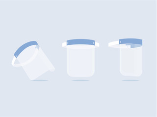 Medical face shield with Transparent plastic sheet mask. Equipment for protecting the face of staff from a virus or Toxic hazard. Illustration of produce in flat style.