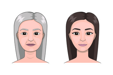 Two portraits of young and elderly woman. Comparison. Mother and daughter. Life aging, face of woman at different ages. Before and after concept. Process of aging and rejuvenation. Isolated vector