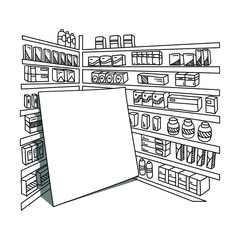 pharmacy store with a blank banner for text or image. outline doodle style. drugstore, apothecary, dispensary, chemist's shop. copyspace. isolated vector illustration on white