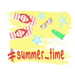 Summer items in the sand. Flat illustration on a white background. Summer time.
