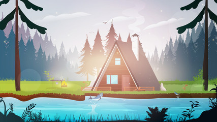 House in the forest. Forest with a river. A place to relax on the weekend. Vacation home. Morning. Fish jumps out of the water. Vector.