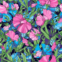 Fototapeta na wymiar Blue and pink flowers sweet pea on a blue purple background, floral seamless pattern.