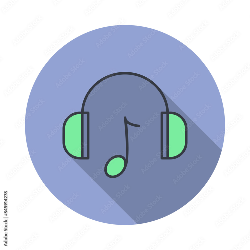Poster headphones with music long shadow icon. simple color vector of web icons for ui and ux, website or m