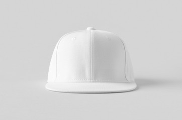 White snapback cap mockup on a grey background, front view.