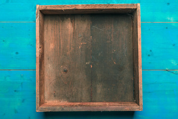 Weathered old empty wooden crate box top view
