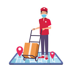 smartphone with delivery application and worker