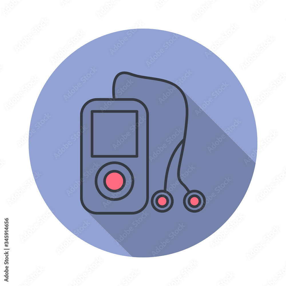 Poster music player long shadow icon. simple color vector of web icons for ui and ux, website or mobile app