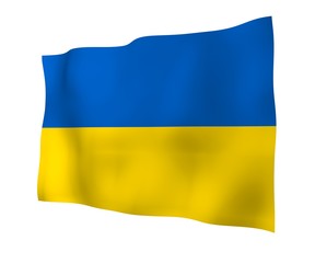 The flag of Ukraine on a white background. National flag and state ensign. Blue and yellow bicolour. 3D illustration waving flag