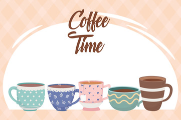 coffee time, different cups coffee and tea fresh aroma beverage