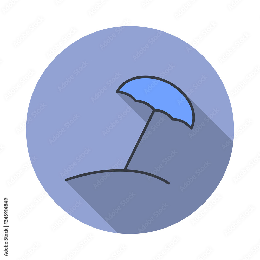 Poster beach umbrella long shadow icon. simple color vector of web icons for ui and ux, website or mobile a