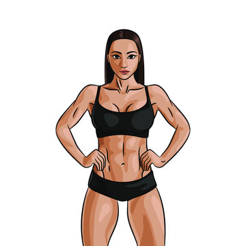 Beautiful fit woman with dark hair in sportswear. Sexy female with athletic body posing like bodybuilder. isolated vector illustration on white background. biceps, abs training, power lifting