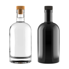 A Set of Clear Glass and Black Bottles for Whiskey, Vodka, Gin, Rum, Liquor or Tequila Bottle for Accurate Work with Light and Shadows. 3D Render Isolated on White Background. - obrazy, fototapety, plakaty