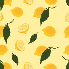 Seamless pattern with Fresh lemon fruits with green leaves. Yellow fruits on a color background. A whole lemon. Ripe citrus. Doodle Minimal style. Vector stock illustration.