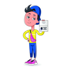 cute teenage boy shows passport open to verify age. Sales age is 18 or 21. Isolated Vector illustration on white background. cartoon style