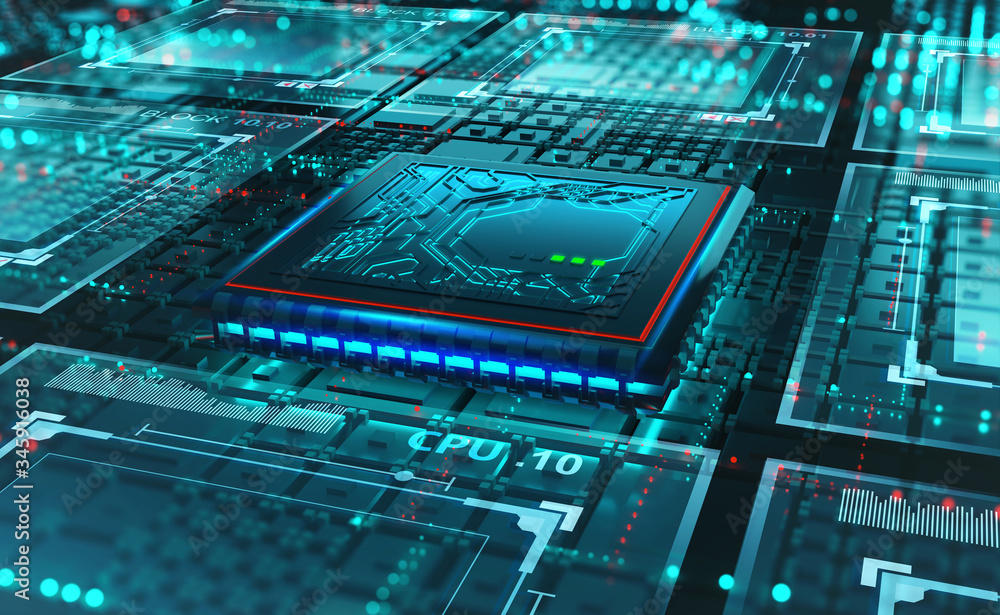 Poster Futuristic circuit board. CPU 3D illustration. Motherboard digital chip. Hi-Tech science background. Artificial Intelligence and Quantum Technology
