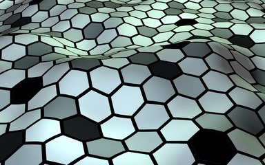 Honeycomb with a gradient color. Perspective view on polygon look like honeycomb. Wavy surface. Isometric geometry. 3D illustration