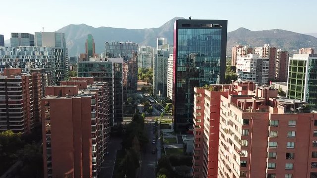 Chile, Santiago City, Aerial View of Modern Upscale District With Andes in Background, Pull Up Dolly In