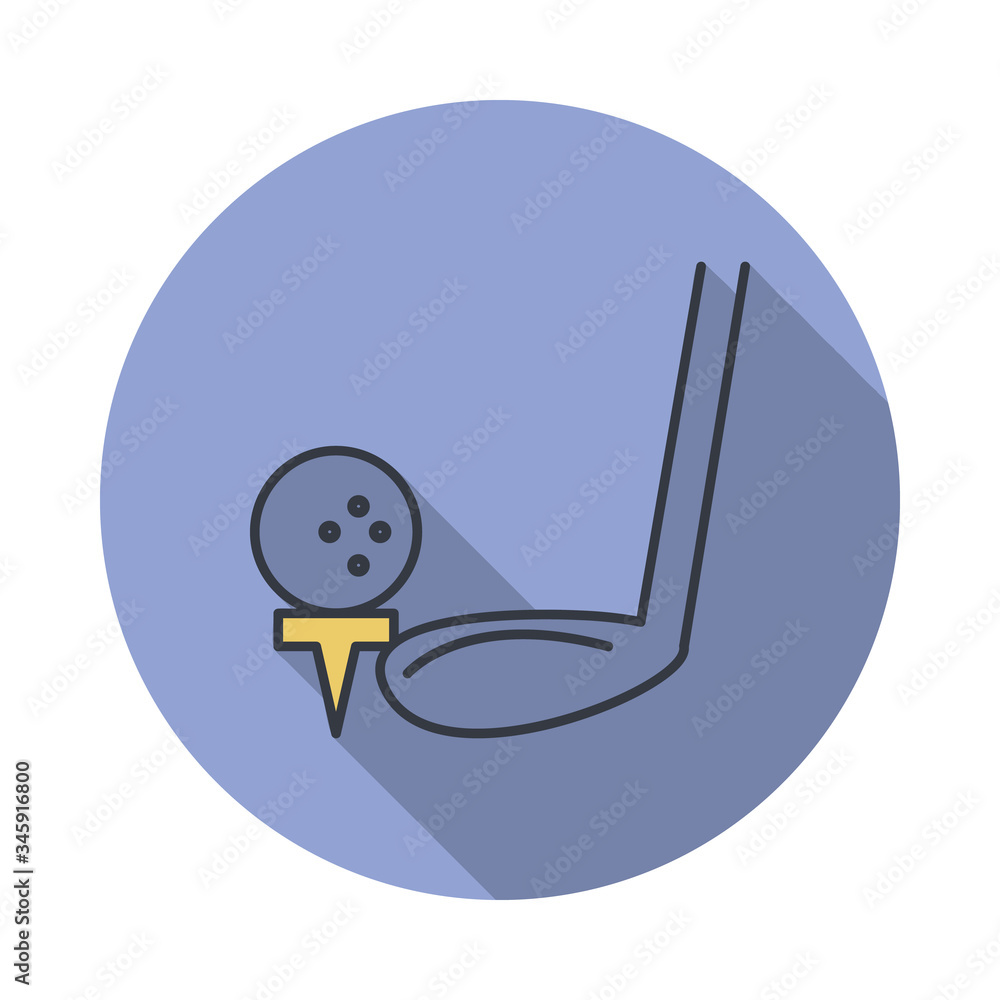 Poster golf club with ball long shadow icon. simple color vector of web icons for ui and ux, website or mob