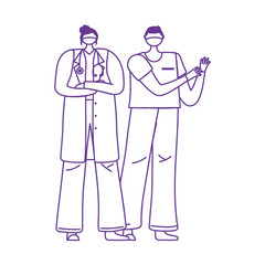 thanks doctors nurses, female physician and nurse with protective mask medical
