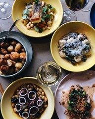 Delicious food flat lay in a seafood restaurant with wine