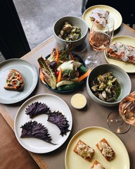 Delicious lunch feast in a restaurant with wine