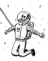 drawn dead astronaut skeleton black and white space skull