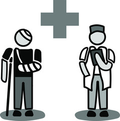 doctor help injured man veteran icon sign red vector cross broken limb bandage 