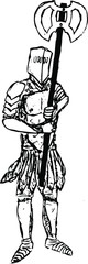 knight crusader warrior two blade double axe halberd armor medieval soldier holy war honor statue vector black and white illustration drawing