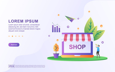 Landing page template with illustrations of online business or sales on e-commerce platforms.