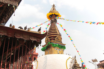 View of buddhist Kathesimbhu stupa (also known as Kaathe Swyambhu Shree Gha Chaitya) in Thamel district in Kathmandu city. Theme of beautiful religious buildings.