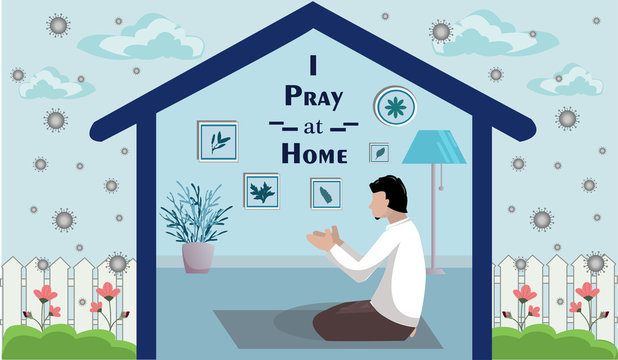 Vector illustration of Muslim woman worshiping Ramadan at home during the Corona Outbreak to maintain health