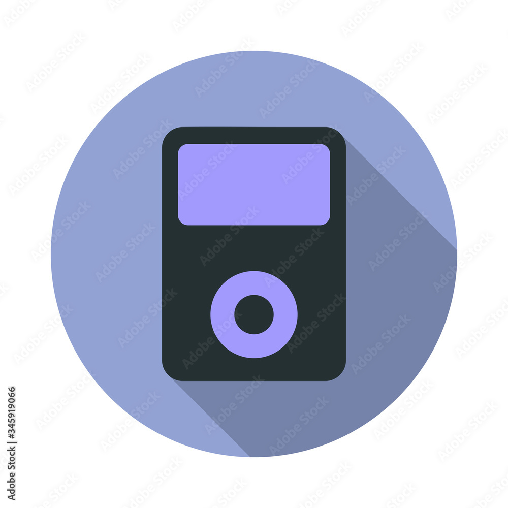 Aufkleber music player long shadow icon. simple color vector of web icons for ui and ux, website or mobile app
