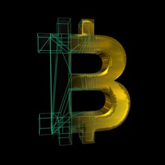 Bitcoin sign, the green grid turns into gold on a black background. 3D illustration