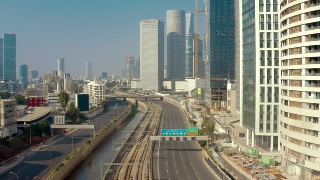 Empty highway Ayalon Freeway through Tel Aviv city, Israel Coronavirus lockdown, aerial drone view