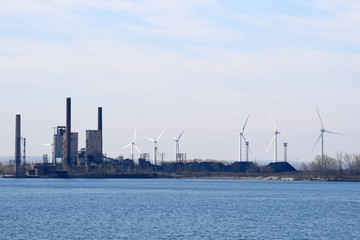 Wind Power Windmills Renewable Clean Green Energy Electricity Turbines Old Factory Smokestacks