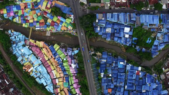 Kampung Pelangi top down zoom shot, colorful neighborhood of East Java