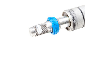 A metal gear shaft with teeth on a cylindrical or conical shape converts torque into a number of revolutions with a driving blue wheel close-up on an isolated white background.