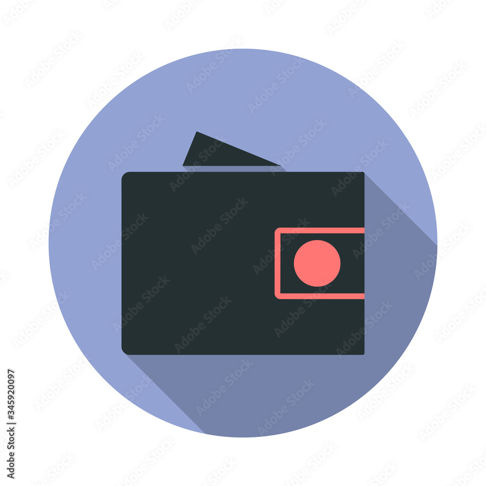 Poster wallet with money long shadow icon. simple color vector of web icons for ui and ux, website or mobil